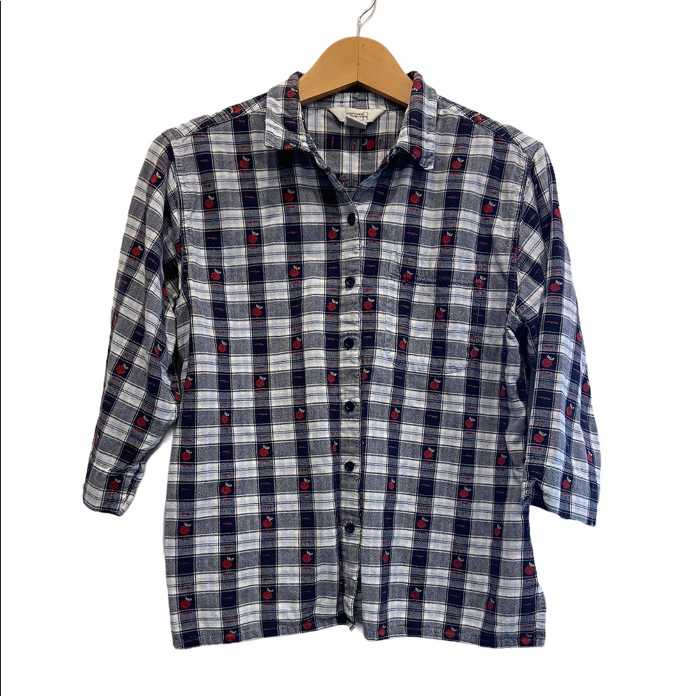2/$25 Vintage Apples Checkered Farmhouse Style Blue & White Shirt Size M GUC
